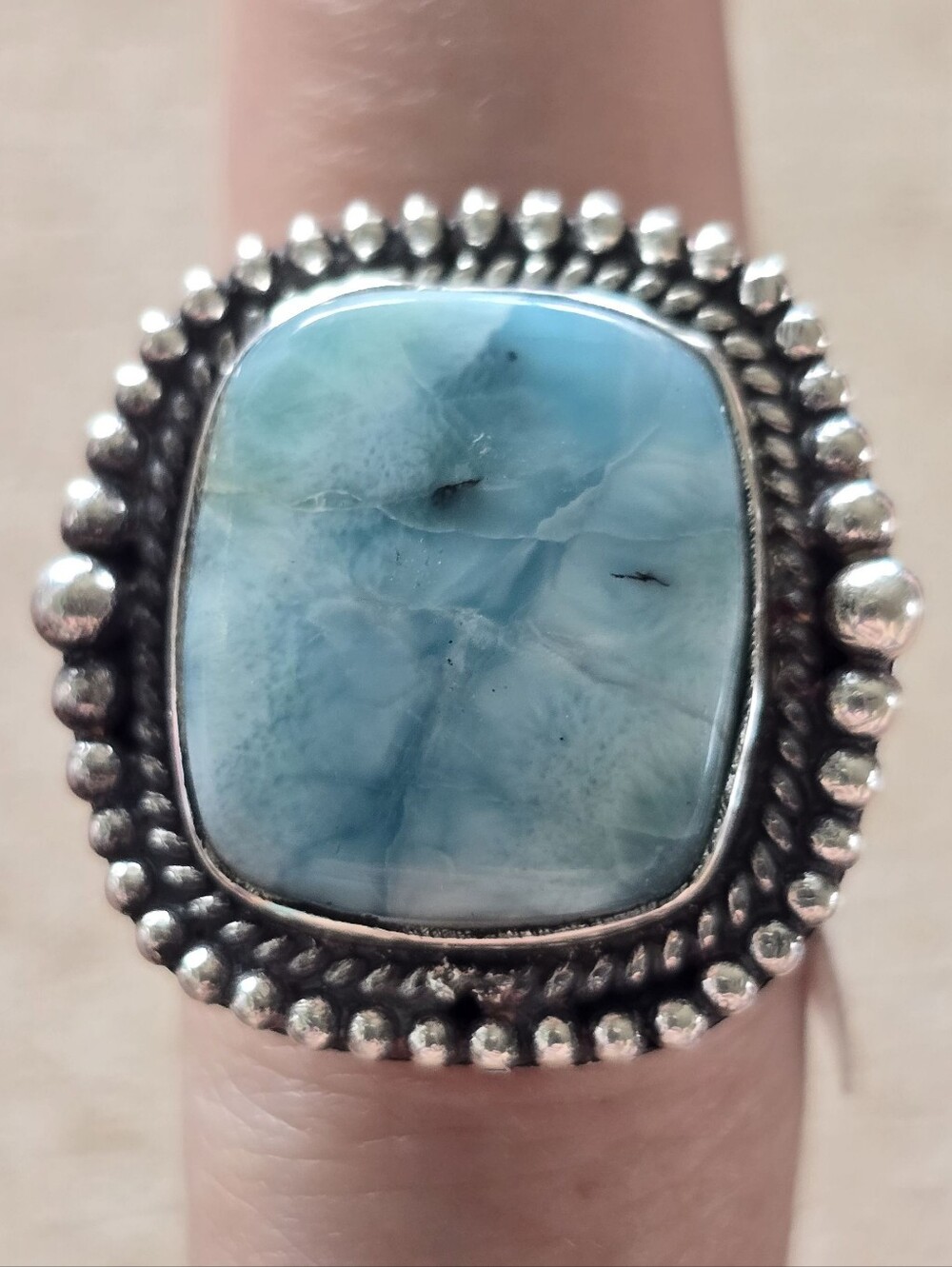 Square Larimar Ring In Silver Plated Copper, Southwestern